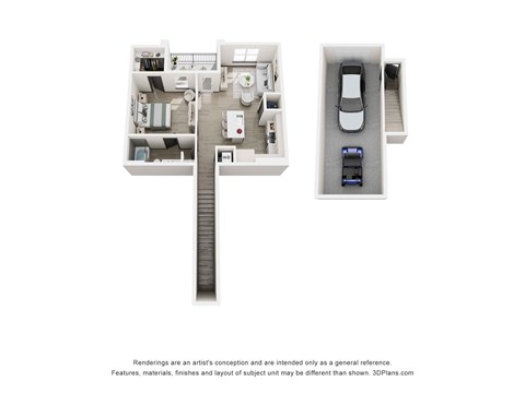 A 3D floor plan of an apartment with a separate parking area.